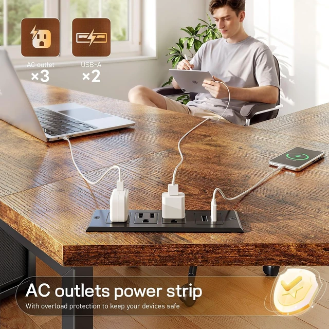 Alt view image 6 of 7 - 62 L Shaped Corner Desk with 3 Drawers,Power Strip&2 Side Hooks, Computer Desk,Double X-shaped Steel Frame,Extended Panel Design,Dual Workspace Design,Large Home Office Desk,Brown