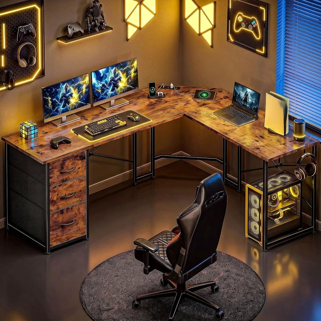 Main image of 62 L Shaped Corner Desk with 3 Drawers,Power Strip&2 Side Hooks, Computer Desk,Double X-shaped Steel Frame,Extended Panel Design,Dual Workspace Design,Large Home Office Desk,Brown