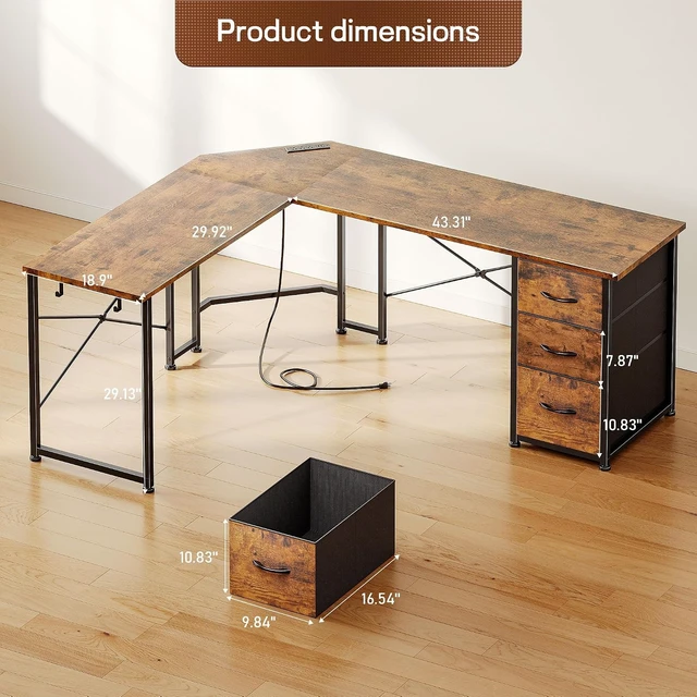 Alt view image 2 of 7 - 62 L Shaped Corner Desk with 3 Drawers,Power Strip&2 Side Hooks, Computer Desk,Double X-shaped Steel Frame,Extended Panel Design,Dual Workspace Design,Large Home Office Desk,Brown