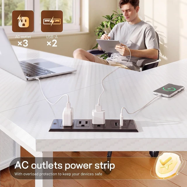 Alt view image 7 of 7 - 62 L Shaped Corner Desk with 3 Drawers,Power Strip&2 Side Hooks, Computer Desk,Double X-shaped Steel Frame,Extended Panel Design,Dual Workspace Design,Large Home Office Desk,White