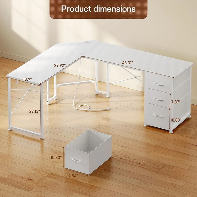 Alt view image 2 of 7 - 62 L Shaped Corner Desk with 3 Drawers,Power Strip&2 Side Hooks, Computer Desk,Double X-shaped Steel Frame,Extended Panel Design,Dual Workspace Design,Large Home Office Desk,White
