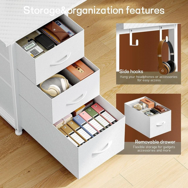 Alt view image 6 of 7 - 62 L Shaped Corner Desk with 3 Drawers,Power Strip&2 Side Hooks, Computer Desk,Double X-shaped Steel Frame,Extended Panel Design,Dual Workspace Design,Large Home Office Desk,White