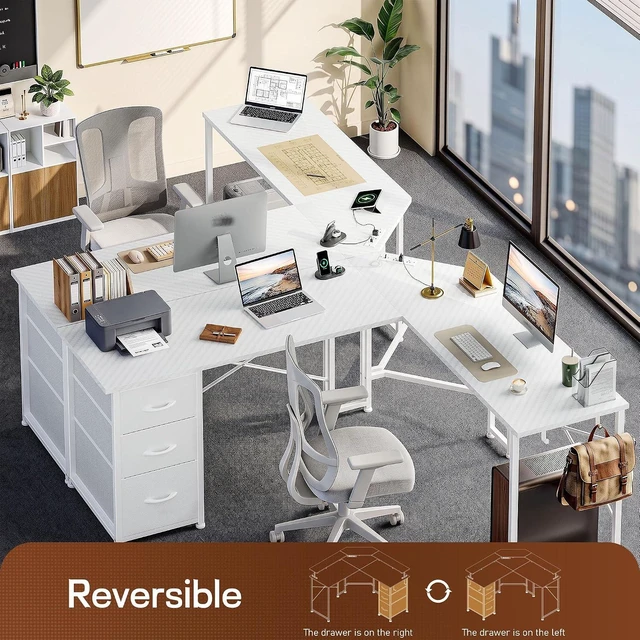 Alt view image 3 of 7 - 62 L Shaped Corner Desk with 3 Drawers,Power Strip&2 Side Hooks, Computer Desk,Double X-shaped Steel Frame,Extended Panel Design,Dual Workspace Design,Large Home Office Desk,White