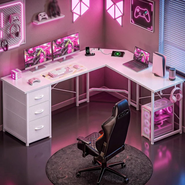 Main image of 62 L Shaped Corner Desk with 3 Drawers,Power Strip&2 Side Hooks, Computer Desk,Double X-shaped Steel Frame,Extended Panel Design,Dual Workspace Design,Large Home Office Desk,White