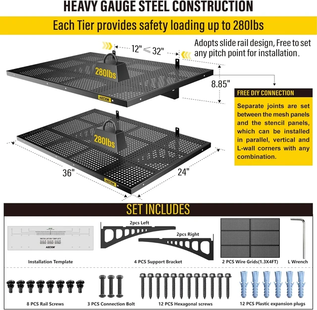 Alt view image 7 of 7 - 2-Pack 2x3ft Adjustable Garage Wall Shelving 560lbs Load Capacity Heavy Duty Wall Mounted Storage Shelf Metal Floating Shelves for Garage(Black)
