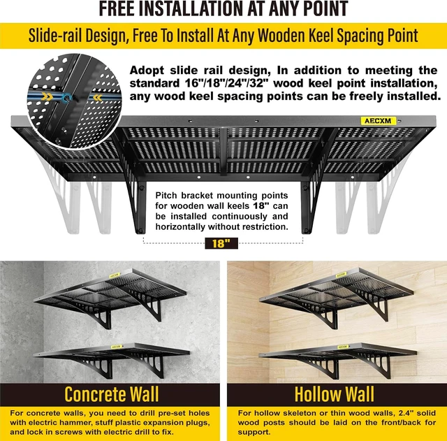 Alt view image 5 of 7 - 2-Pack 2x3ft Adjustable Garage Wall Shelving 560lbs Load Capacity Heavy Duty Wall Mounted Storage Shelf Metal Floating Shelves for Garage(Black)
