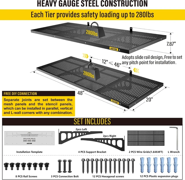 Alt view image 3 of 7 - 2-Pack 1.64x4ft Adjustable Garage Wall Shelving 560lbs Load Capacity Heavy Duty Wall Mounted Storage Shelf Metal Floating Shelves for Garage(Black)