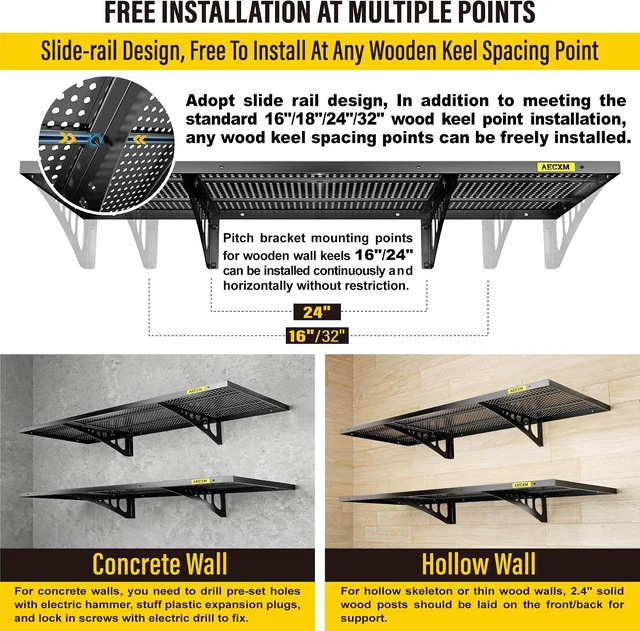 Alt view image 7 of 7 - 2-Pack 1.64x4ft Adjustable Garage Wall Shelving 560lbs Load Capacity Heavy Duty Wall Mounted Storage Shelf Metal Floating Shelves for Garage(Black)