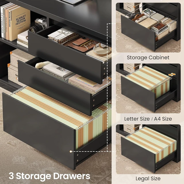 Alt view image 6 of 7 - L Shaped Electric Standing Desk with Hutch, 110" Adjustable Height Desk with Drawers & Storage Shelves, Home Office Computer Desk with Power Outlet & LED Lights,Pegboard,Black