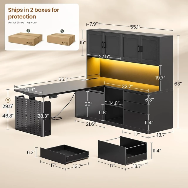 Alt view image 2 of 7 - L Shaped Electric Standing Desk with Hutch, 110" Adjustable Height Desk with Drawers & Storage Shelves, Home Office Computer Desk with Power Outlet & LED Lights,Pegboard,Black