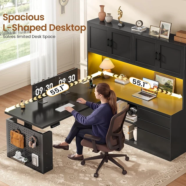 Alt view image 7 of 7 - L Shaped Electric Standing Desk with Hutch, 110" Adjustable Height Desk with Drawers & Storage Shelves, Home Office Computer Desk with Power Outlet & LED Lights,Pegboard,Black