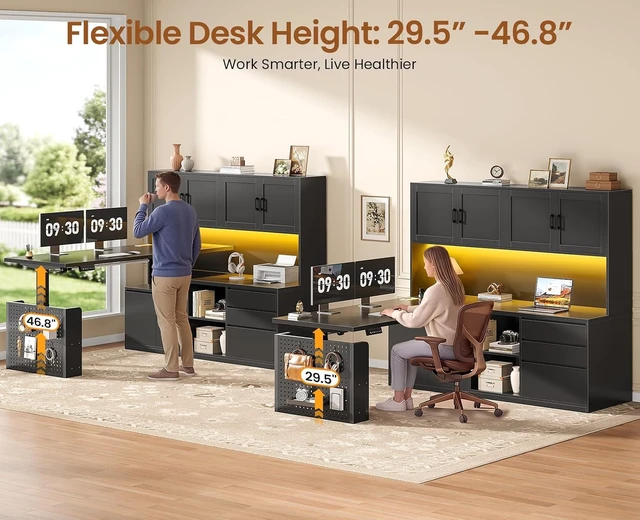 Alt view image 5 of 7 - L Shaped Electric Standing Desk with Hutch, 110" Adjustable Height Desk with Drawers & Storage Shelves, Home Office Computer Desk with Power Outlet & LED Lights,Pegboard,Black