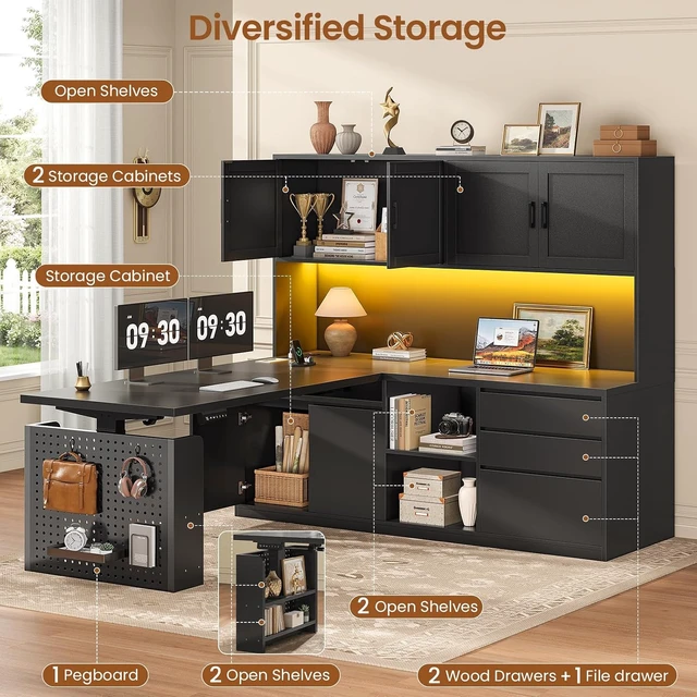 Alt view image 4 of 7 - L Shaped Electric Standing Desk with Hutch, 110" Adjustable Height Desk with Drawers & Storage Shelves, Home Office Computer Desk with Power Outlet & LED Lights,Pegboard,Black