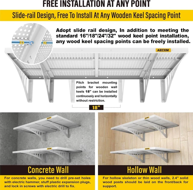 Alt view image 3 of 6 - 2-Pack 2x3ft Adjustable Garage Wall Shelving 560lbs Load Capacity Heavy Duty Wall Mounted Storage Shelf Metal Floating Shelves for Garage(White)