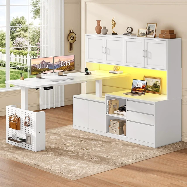 Main image of L Shaped Electric Standing Desk with Hutch, 110" Adjustable Height Desk with Drawers & Storage Shelves, Home Office Computer Desk with Power Outlet & LED Lights,Pegboard,White