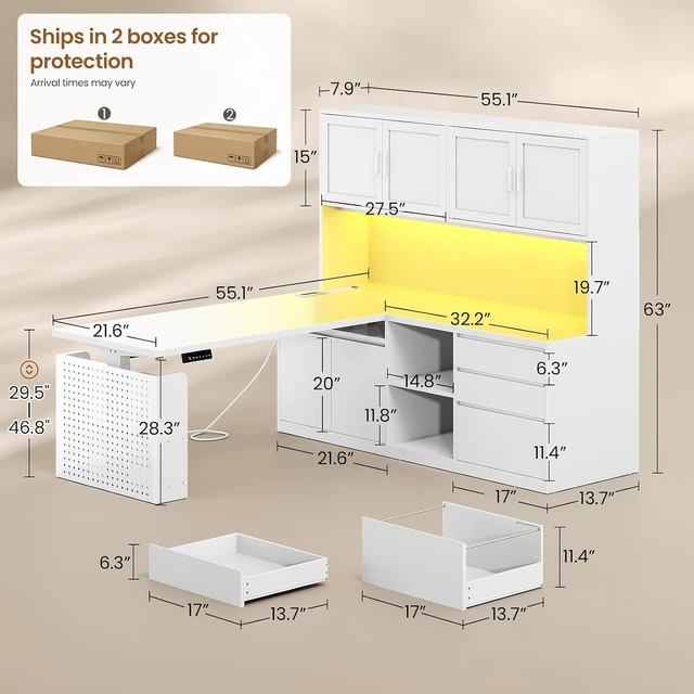Alt view image 2 of 7 - L Shaped Electric Standing Desk with Hutch, 110" Adjustable Height Desk with Drawers & Storage Shelves, Home Office Computer Desk with Power Outlet & LED Lights,Pegboard,White