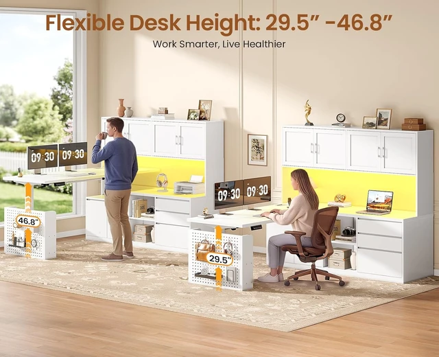 Alt view image 5 of 7 - L Shaped Electric Standing Desk with Hutch, 110" Adjustable Height Desk with Drawers & Storage Shelves, Home Office Computer Desk with Power Outlet & LED Lights,Pegboard,White