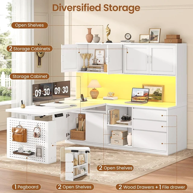 Alt view image 6 of 7 - L Shaped Electric Standing Desk with Hutch, 110" Adjustable Height Desk with Drawers & Storage Shelves, Home Office Computer Desk with Power Outlet & LED Lights,Pegboard,White