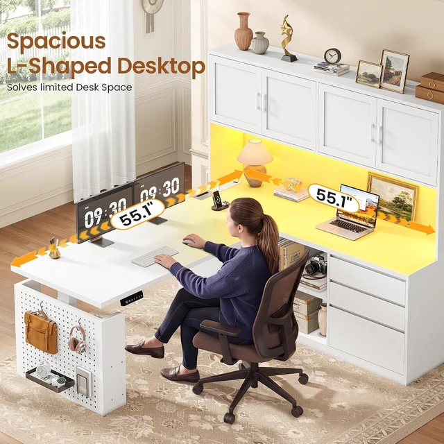 Alt view image 7 of 7 - L Shaped Electric Standing Desk with Hutch, 110" Adjustable Height Desk with Drawers & Storage Shelves, Home Office Computer Desk with Power Outlet & LED Lights,Pegboard,White