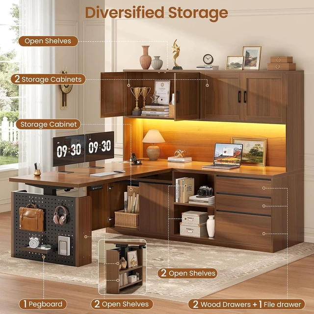 Alt view image 7 of 7 - L Shaped Electric Standing Desk with Hutch, 110" Adjustable Height Desk with Drawers & Storage Shelves, Home Office Computer Desk with Power Outlet & LED Lights,Pegboard, Brown
