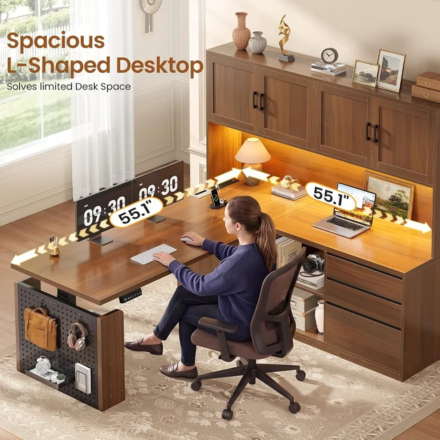 Alt view image 5 of 7 - L Shaped Electric Standing Desk with Hutch, 110" Adjustable Height Desk with Drawers & Storage Shelves, Home Office Computer Desk with Power Outlet & LED Lights,Pegboard, Brown