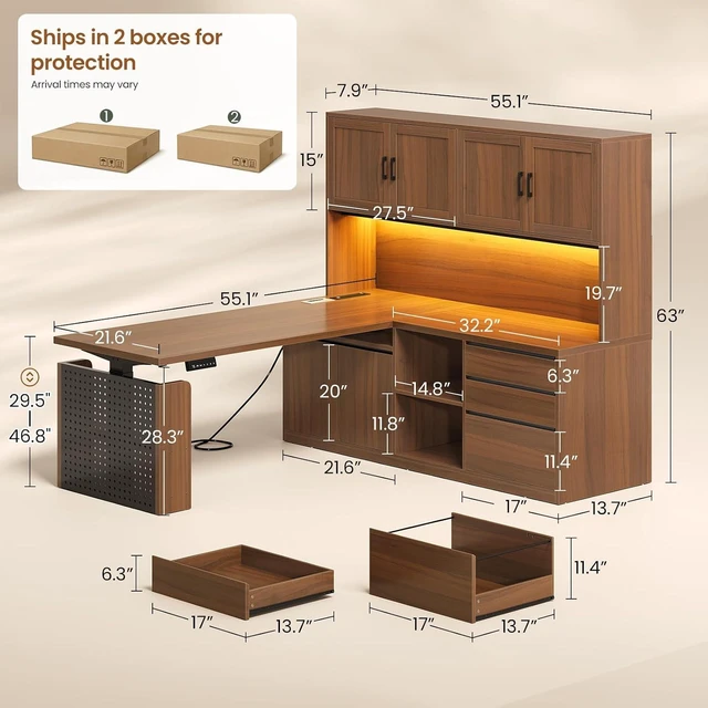 Alt view image 2 of 7 - L Shaped Electric Standing Desk with Hutch, 110" Adjustable Height Desk with Drawers & Storage Shelves, Home Office Computer Desk with Power Outlet & LED Lights,Pegboard, Brown