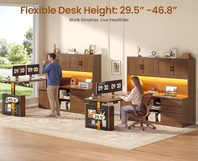 Alt view image 3 of 7 - L Shaped Electric Standing Desk with Hutch, 110" Adjustable Height Desk with Drawers & Storage Shelves, Home Office Computer Desk with Power Outlet & LED Lights,Pegboard, Brown
