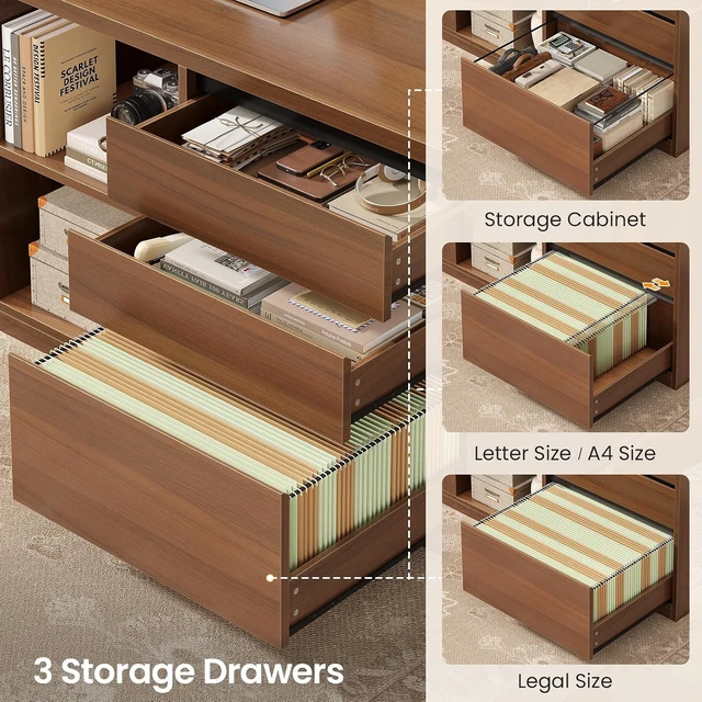 Alt view image 4 of 7 - L Shaped Electric Standing Desk with Hutch, 110" Adjustable Height Desk with Drawers & Storage Shelves, Home Office Computer Desk with Power Outlet & LED Lights,Pegboard, Brown