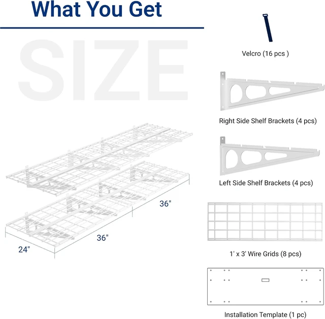 Alt view image 4 of 7 - 2-Pack 2x6ft Garage Shelving with Hooks, 1400lbs Load, White 24"x72" Wall Shelf Garage Storage Rack Floating Shelves for Garage Workshop, Rustproof Seamless Grid Design, Classic Series