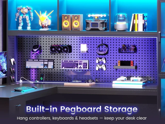 Alt view image 5 of 7 - 63'' L Shaped Gaming Desk with Glass Display Cabinet, Pegboard, Led Lights and 3 Drawers, Computer Desk with File Drawer, Power Outlet, Storage Shelves for Home Office, Corner, Bedroom, Black