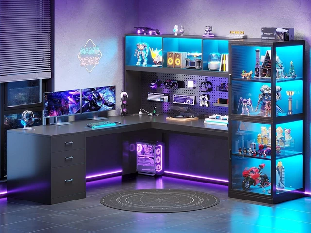 Main image of 63'' L Shaped Gaming Desk with Glass Display Cabinet, Pegboard, Led Lights and 3 Drawers, Computer Desk with File Drawer, Power Outlet, Storage Shelves for Home Office, Corner, Bedroom, Black