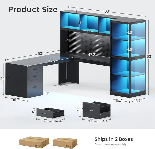 Alt view image 2 of 7 - 63'' L Shaped Gaming Desk with Glass Display Cabinet, Pegboard, Led Lights and 3 Drawers, Computer Desk with File Drawer, Power Outlet, Storage Shelves for Home Office, Corner, Bedroom, Black