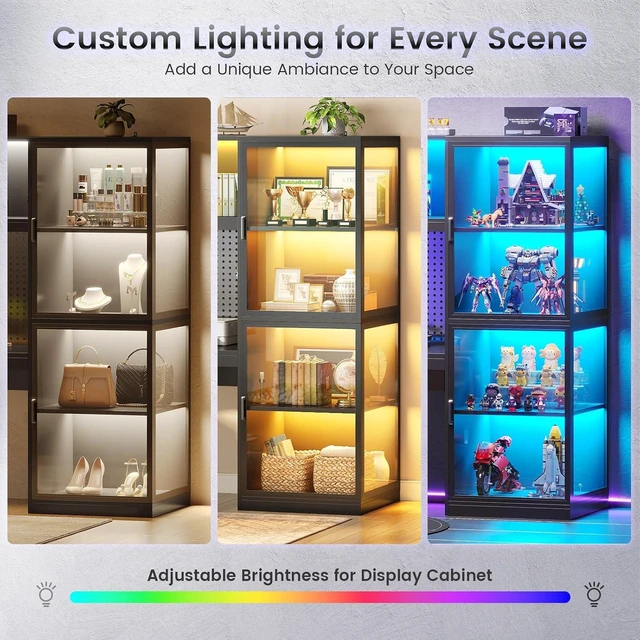 Alt view image 6 of 7 - 63'' L Shaped Gaming Desk with Glass Display Cabinet, Pegboard, Led Lights and 3 Drawers, Computer Desk with File Drawer, Power Outlet, Storage Shelves for Home Office, Corner, Bedroom, Black