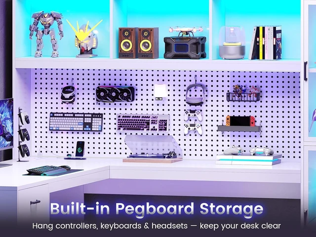 Alt view image 3 of 7 - 63'' L Shaped Gaming Desk with Glass Display Cabinet, Pegboard, Led Lights and 3 Drawers, Computer Desk with File Drawer, Power Outlet, Storage Shelves for Home Office, Corner, Bedroom, White