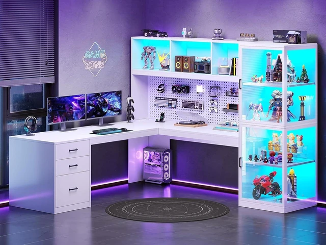 Main image of 63'' L Shaped Gaming Desk with Glass Display Cabinet, Pegboard, Led Lights and 3 Drawers, Computer Desk with File Drawer, Power Outlet, Storage Shelves for Home Office, Corner, Bedroom, White