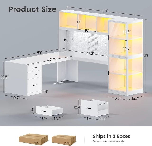 Alt view image 2 of 7 - 63'' L Shaped Gaming Desk with Glass Display Cabinet, Pegboard, Led Lights and 3 Drawers, Computer Desk with File Drawer, Power Outlet, Storage Shelves for Home Office, Corner, Bedroom, White