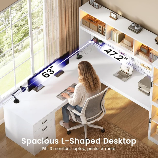 Alt view image 4 of 7 - 63'' L Shaped Gaming Desk with Glass Display Cabinet, Pegboard, Led Lights and 3 Drawers, Computer Desk with File Drawer, Power Outlet, Storage Shelves for Home Office, Corner, Bedroom, White