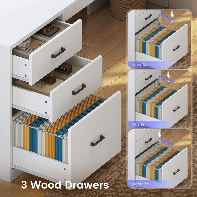 Alt view image 6 of 7 - 63'' L Shaped Gaming Desk with Glass Display Cabinet, Pegboard, Led Lights and 3 Drawers, Computer Desk with File Drawer, Power Outlet, Storage Shelves for Home Office, Corner, Bedroom, White