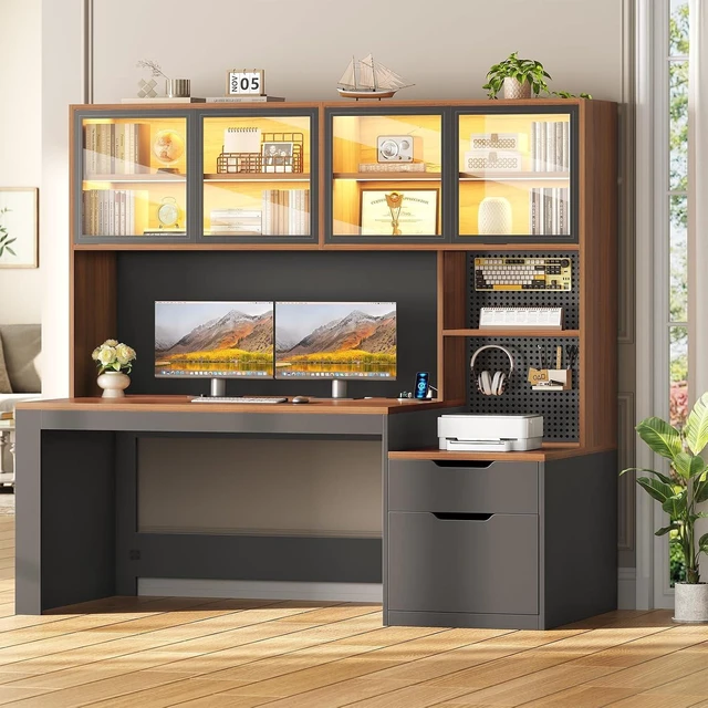 Main image of Home Office Desk with Hutch, 23.6"W Executive Office Desk with Display Cabinet and Printer Stand,Gaming Desk with Power Outlet and LED Light,Computer Desk with 2 Wood Drawer and Pegboard,Brown