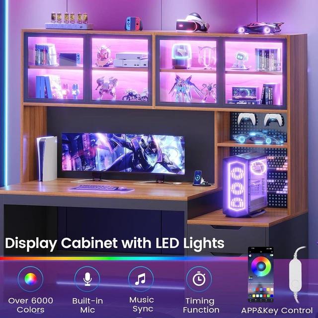 Alt view image 6 of 7 - Home Office Desk with Hutch, 23.6"W Executive Office Desk with Display Cabinet and Printer Stand,Gaming Desk with Power Outlet and LED Light,Computer Desk with 2 Wood Drawer and Pegboard,Brown