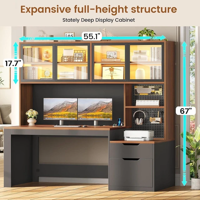 Alt view image 5 of 7 - Home Office Desk with Hutch, 23.6"W Executive Office Desk with Display Cabinet and Printer Stand,Gaming Desk with Power Outlet and LED Light,Computer Desk with 2 Wood Drawer and Pegboard,Brown