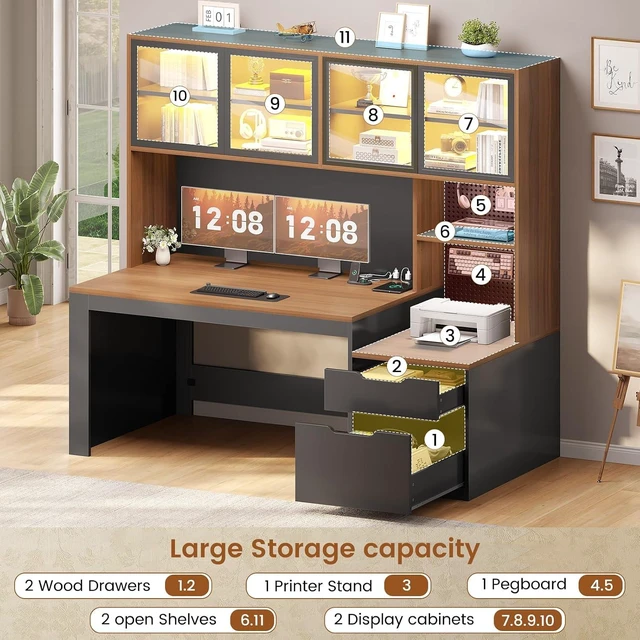 Alt view image 3 of 7 - Home Office Desk with Hutch, 23.6"W Executive Office Desk with Display Cabinet and Printer Stand,Gaming Desk with Power Outlet and LED Light,Computer Desk with 2 Wood Drawer and Pegboard,Brown