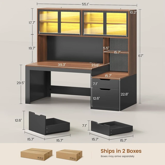 Alt view image 2 of 7 - Home Office Desk with Hutch, 23.6"W Executive Office Desk with Display Cabinet and Printer Stand,Gaming Desk with Power Outlet and LED Light,Computer Desk with 2 Wood Drawer and Pegboard,Brown
