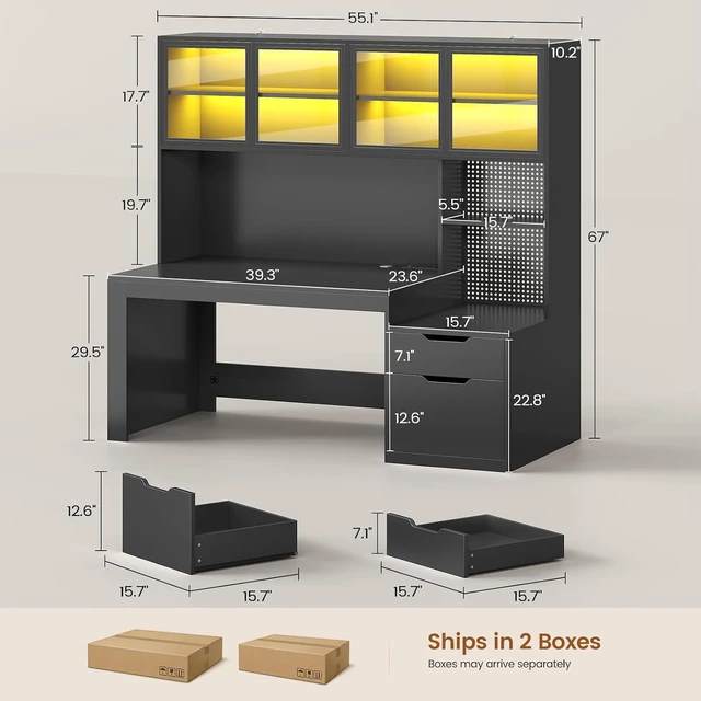 Alt view image 2 of 7 - Home Office Desk with Hutch, 23.6"W Executive Office Desk with Display Cabinet and Printer Stand,Gaming Desk with Power Outlet and LED Light,Computer Desk with 2 Wood Drawer and Pegboard,Black