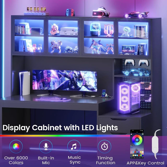 Alt view image 5 of 7 - Home Office Desk with Hutch, 23.6"W Executive Office Desk with Display Cabinet and Printer Stand,Gaming Desk with Power Outlet and LED Light,Computer Desk with 2 Wood Drawer and Pegboard,Black