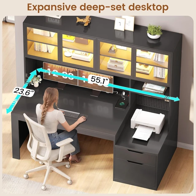 Alt view image 4 of 7 - Home Office Desk with Hutch, 23.6"W Executive Office Desk with Display Cabinet and Printer Stand,Gaming Desk with Power Outlet and LED Light,Computer Desk with 2 Wood Drawer and Pegboard,Black