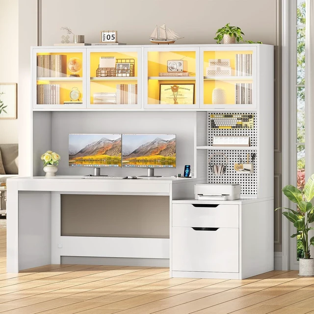 Main image of Home Office Desk with Hutch, 23.6"W Executive Office Desk with Display Cabinet and Printer Stand,Gaming Desk with Power Outlet and LED Light,Computer Desk with 2 Wood Drawer and Pegboard, White