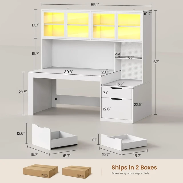 Alt view image 2 of 7 - Home Office Desk with Hutch, 23.6"W Executive Office Desk with Display Cabinet and Printer Stand,Gaming Desk with Power Outlet and LED Light,Computer Desk with 2 Wood Drawer and Pegboard, White