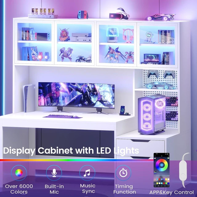 Alt view image 7 of 7 - Home Office Desk with Hutch, 23.6"W Executive Office Desk with Display Cabinet and Printer Stand,Gaming Desk with Power Outlet and LED Light,Computer Desk with 2 Wood Drawer and Pegboard, White