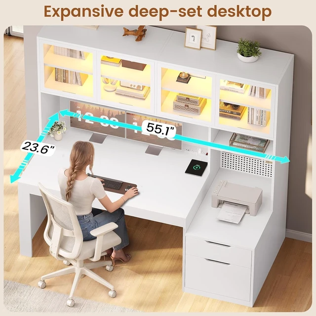Alt view image 6 of 7 - Home Office Desk with Hutch, 23.6"W Executive Office Desk with Display Cabinet and Printer Stand,Gaming Desk with Power Outlet and LED Light,Computer Desk with 2 Wood Drawer and Pegboard, White